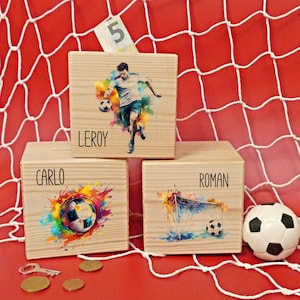 Spardose Kinder, Kinderspardose Holz, Fußball, personalisiert, Jungen, personalisierte Holzspardose, Metallschloss mit Schlüssel, Fußballer