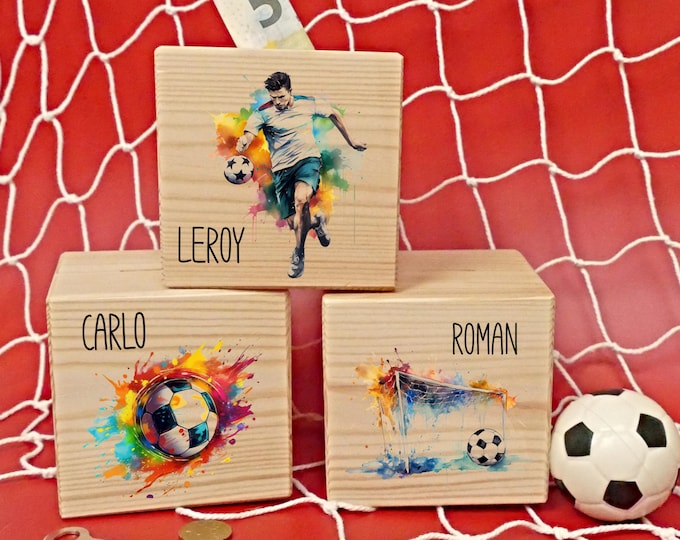 Money box for children, wooden money box for children, football, personalized, boys, personalized wooden money box, metal lock with key, footballer