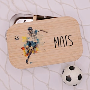 Boîte à lunch, football, personnalisée, enfants, garçons, boîte à lunch, boîte à pain, bambou et acier inoxydable, boîte à lunch, cadeau pour la rentrée scolaire