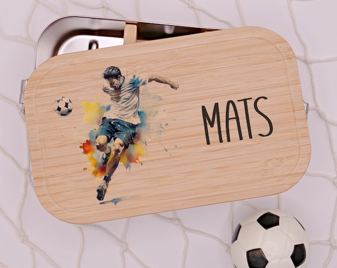 Lunch box, football, personalized, children, boys, lunch box, bread box, bamboo and stainless steel, lunch box, gift for school enrollment