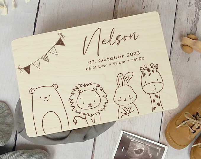 Memory box, personalized, baby, birth gift, lion, childhood memories, FSC certified, little miracle