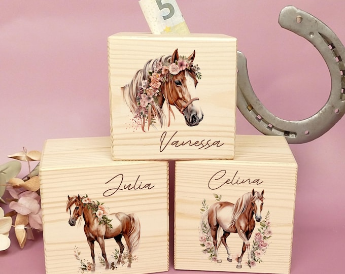 Money box, horse, wood, personalized, children, wooden money box, personalized children's money box, metal lock with key, horse girl