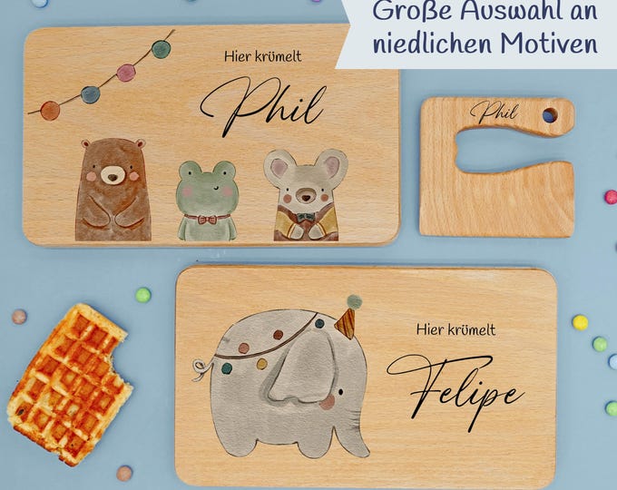 Frühstücksbrettchen, Kinder, personalisiert, Tiere, Frühstücksbrett mit Namen, Holzbrettchen, Montessori Messer, Geschenk zum Geburtstag