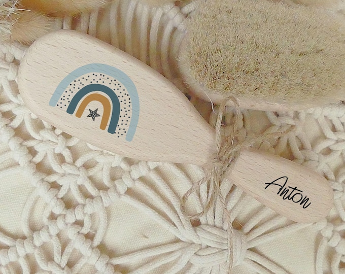 Personalized Baby Hairbrush, Brush for Babies, Goat Hair, Wooden Brush, Gift for Birth, FSC-Certified Wood, Rainbow