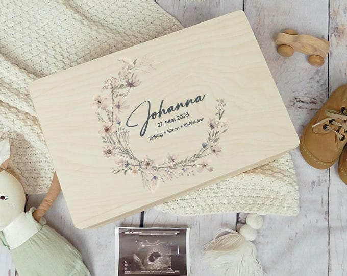 Memory box, personalized, baby, birth gift, flower wreath, flowers, childhood memories, FSC certified, little miracle