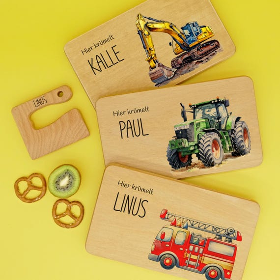 Frühstücksbrettchen, Bagger, Traktor, Feuerwehr, Frühstücksbrett, Kinder, personalisiert, Holzbrettchen, Holzbrett, Geschenk zum Geburtstag