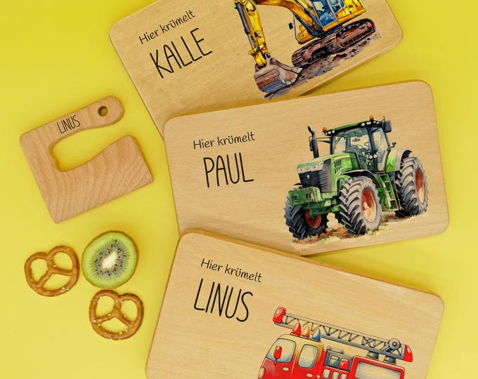 Breakfast board, excavator, tractor, fire brigade, breakfast board, children, personalized, wooden board, wooden board, birthday gift