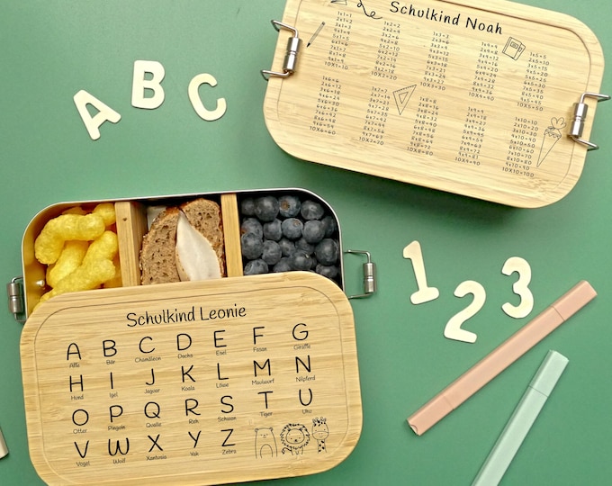 Lunch box, gift for school enrollment, ABC, 1x1, lunch box, lunchbox, children, back to school, lunchbox, bamboo and stainless steel, contents of school cone