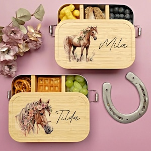 Boîte à lunch, chevaux, personnalisée, enfants, filles, boîte à lunch, boîte à pain, fille cheval, bambou et acier inoxydable, cadeau pour la scolarisation