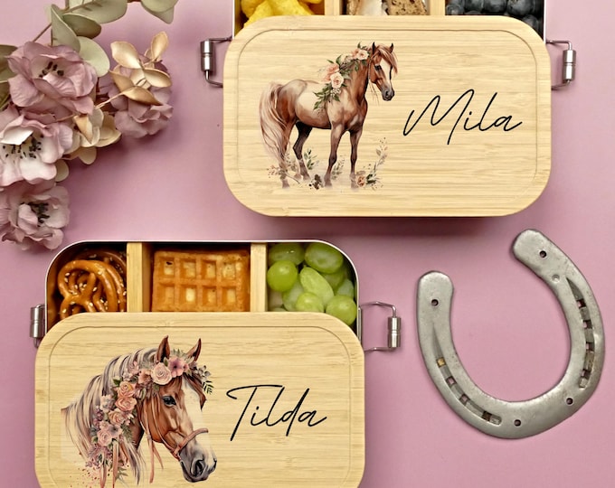 Lunch box, horses, personalized, children, girls, lunch box, bread box, horse girl, bamboo and stainless steel, gift for school enrollment