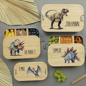 Boîte à lunch, Dinosauria, personnalisée, enfants, garçons, boîte à lunch, boîte à pain, bambou et acier inoxydable, boîte à lunch, cadeau pour la rentrée scolaire