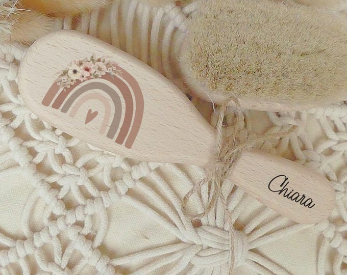Personalized Baby Hairbrush, Brush for Babies, Goat Hair, Wooden Brush, Gift for Birth, FSC-Certified Wood, Rainbow