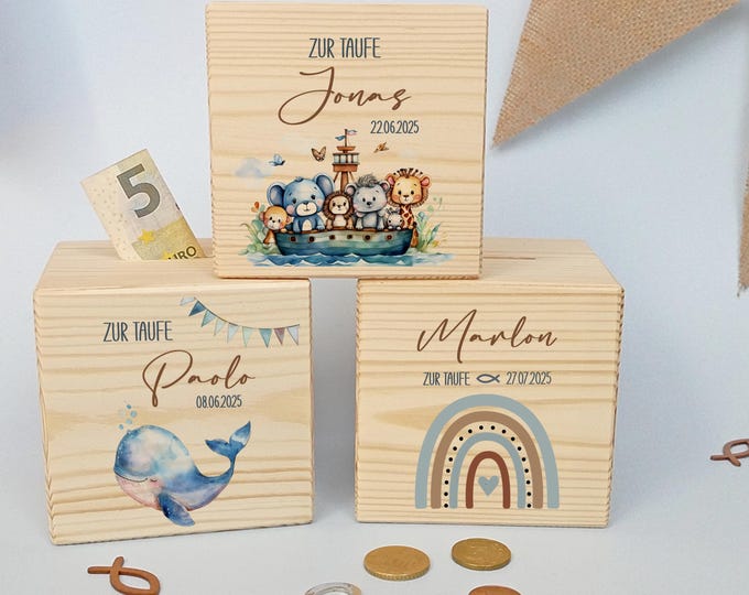 Money box, christening gift, personalized, wood, children, ark, wooden money box with name, metal lock with key, christening gift, whale