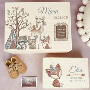 Erinnerungskiste, personalisiert, Baby, Geschenk zur Geburt, Waldtiere, Fuchs, Reh, Kindheitserinnerungen, FSC Zertifitiert, kleines Wunder