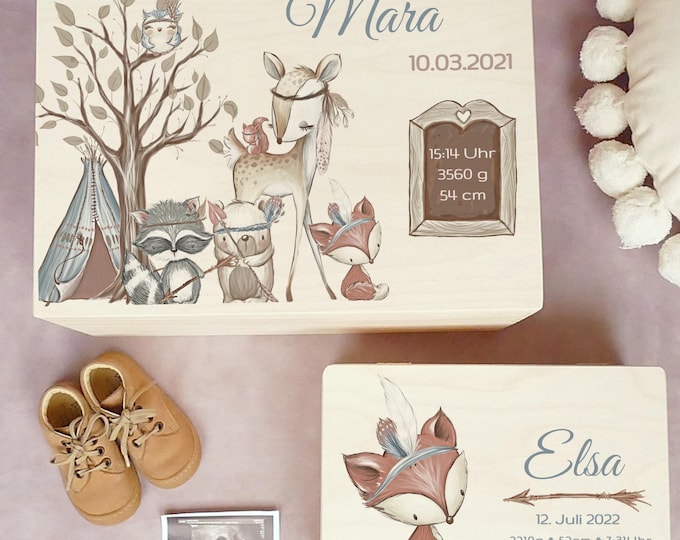 Memory box, personalized, baby, birth gift, forest animals, fox, deer, childhood memories, FSC certified, little miracle