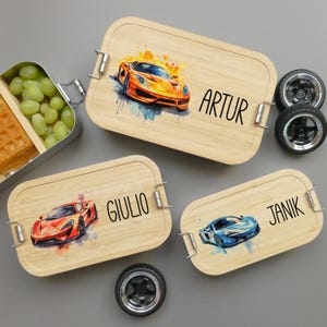 Boîte à lunch, voiture, personnalisée, enfants, garçons, boîte à lunch, boîte à pain, bambou et acier inoxydable, boîte à lunch, cadeau pour la scolarisation, voitures de course