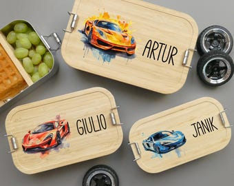Lunchbox, auto, gepersonaliseerd, kinderen, jongens, lunchbox, broodtrommel, bamboe en roestvrij staal, lunchbox, cadeau voor schoolinschrijving, raceauto&#39;s