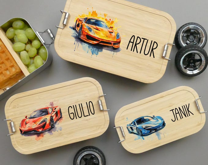 Lunch box, car, personalized, children, boys, lunch box, bread box, bamboo and stainless steel, lunch box, gift for school enrollment, racing cars