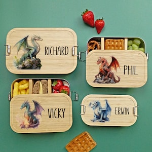 Boîte à lunch, dragon, personnalisée, enfants, garçons, boîte à lunch, boîte à pain, bambou et acier inoxydable, boîte à lunch, cadeau pour la scolarisation