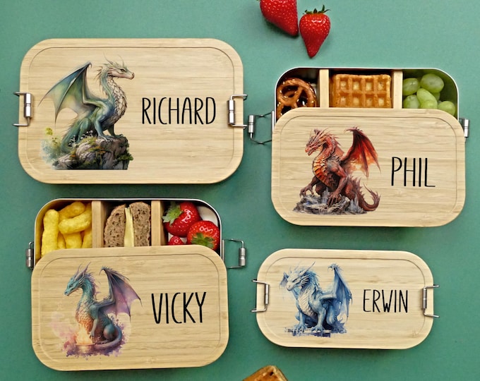 Lunch box, dragon, personalized, children, boys, lunch box, bread box, bamboo and stainless steel, lunch box, gift for school enrollment