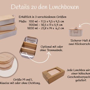 Pu&ograve; includere: Un set di lunch box in acciaio inossidabile con coperchi in bamb&ugrave;, mostrati in varie dimensioni. L'immagine mostra anche un lunch box aperto con divisori, un singolo lunch box con chiusura a clip e una confezione regalo in cartone. Le dimensioni sono in centimetri.