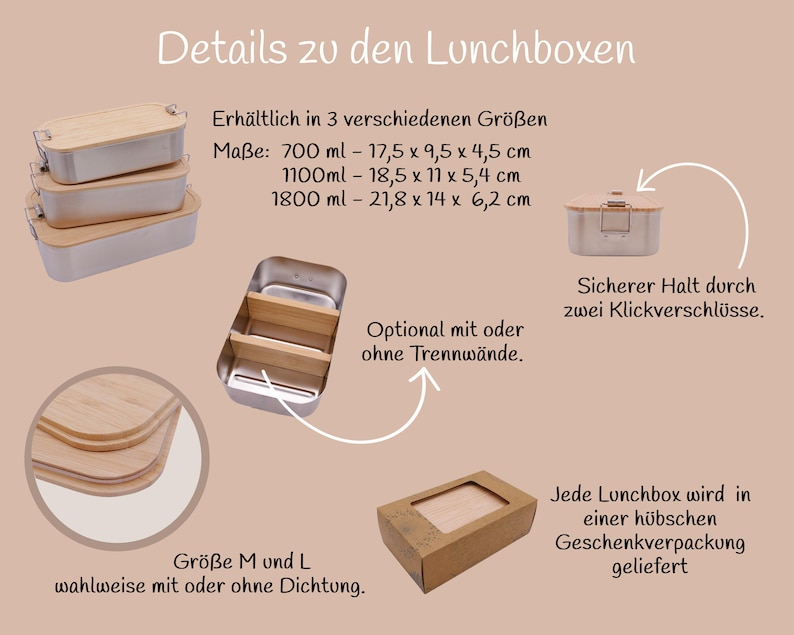 Pu&ograve; includere: Un set di lunch box in acciaio inossidabile con coperchi in bamb&ugrave;, mostrati in varie dimensioni. L'immagine mostra anche un lunch box aperto con divisori, un singolo lunch box con chiusura a clip e una confezione regalo in cartone. Le dimensioni sono in centimetri.