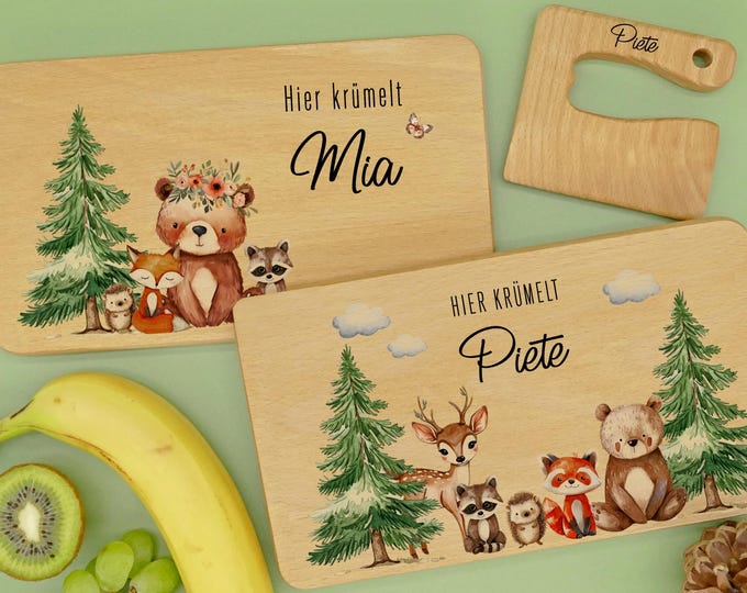 Breakfast board, children, personalized, breakfast board with name, forest animals, wooden board, Montessori knife, birthday gift