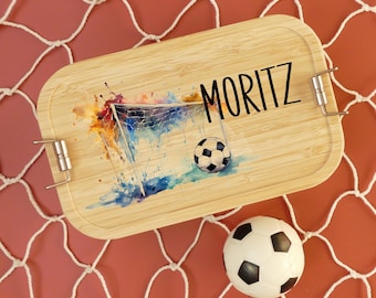 Lunch box, football, personalized, children, boys, lunch box, bread box, bamboo and stainless steel, lunch box, gift for school enrollment