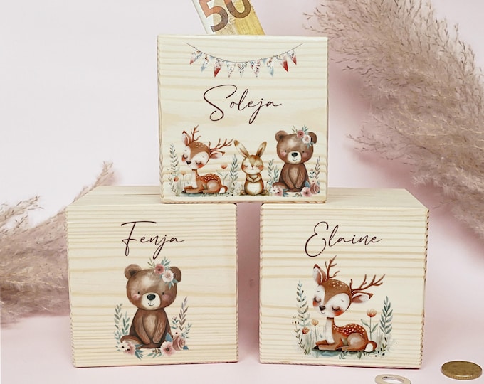 Money box, children, wood, personalized, wooden money box, children's money box with name, metal lock with key, deer, bear, forest animal motif