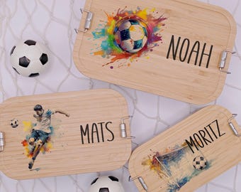 Lunchbox, voetbal, gepersonaliseerd, kinderen, jongens, lunchbox, broodtrommel, bamboe en roestvrij staal, lunchbox, cadeau voor schoolinschrijving