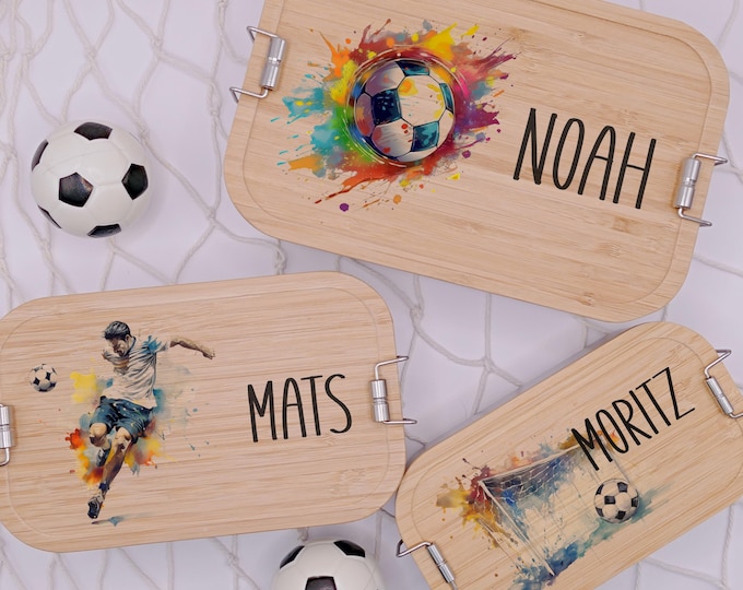 Lunch box, football, personalized, children, boys, lunch box, bread box, bamboo and stainless steel, lunch box, gift for school enrollment