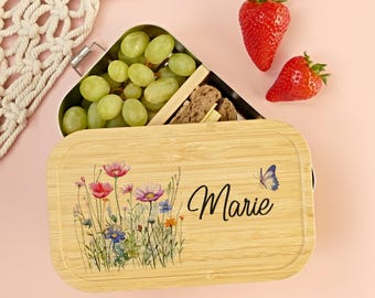 Lunch box, flowers, personalized, children, girls, lunch box, bread box, bamboo and stainless steel, lunch box, gift for school enrollment