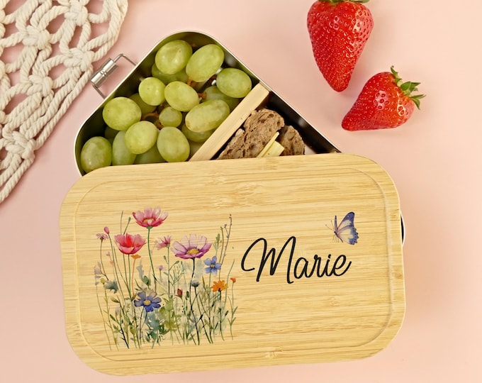 Lunch box, flowers, personalized, children, girls, lunch box, bread box, bamboo and stainless steel, lunch box, gift for school enrollment