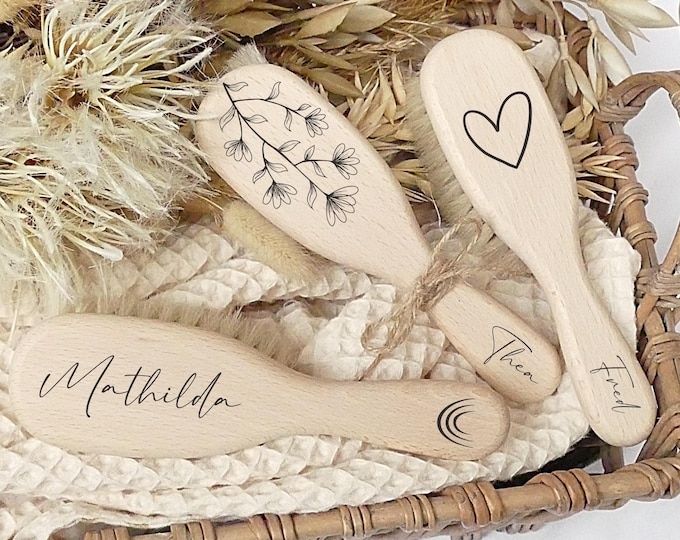 Personalized baby hairbrush, brush for babies, goat hair, wooden brush, birth gift, FSC-certified wood, baptism gift, heart