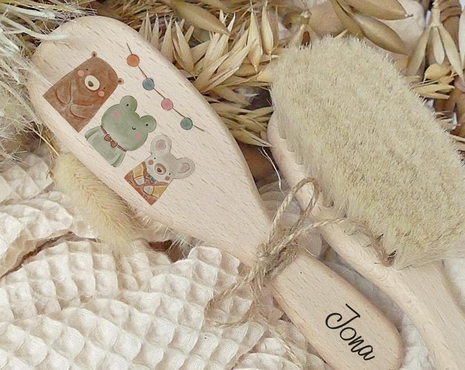 Personalized Baby Hairbrush, Brush for Babies, Goat Hair, Wooden Brush, Gift for Birth, FSC-Certified Wood, Bear, Animal Motifs