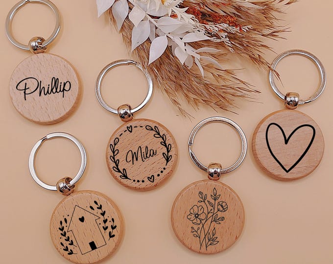 Wooden keychain, personalized, pendant, round, housewarming gift, Mother's Day gift, Father's Day, driver's license, guardian angel