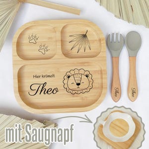 Personalisierter Kinderteller, Babyteller mit Saugnapf, Bambusteller mit Namen, Teller mit Gravur, Kinderbesteck set, Babybesteck Silikon