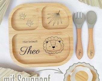 Personalized children&#39;s plate, baby plate with suction cup, bamboo plate with name, plate with engraving, children&#39;s cutlery set, baby cutlery silicone