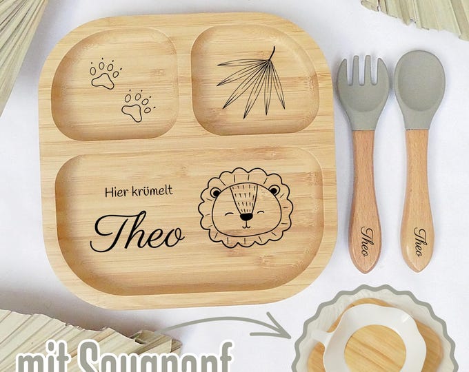 Personalized children's plate, baby plate with suction cup, bamboo plate with name, plate with engraving, children's cutlery set, baby cutlery silicone