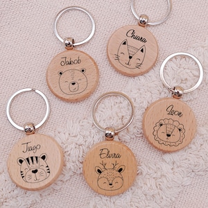 Porte-clés en bois, personnalisé, enfant, cadeau pour la scolarisation, pendentif sac à dos, pendentif, rond, lion, cerf, ours, chat, tigre