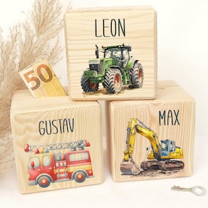 Hucha de madera infantil, personalizada, hucha de madera, hucha infantil personalizada, cerradura de metal con llave, camión de bomberos, tractor, excavadora