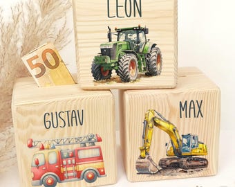 Salvadanaio in legno per bambini, personalizzato, salvadanaio in legno, salvadanaio personalizzato per bambini, lucchetto in metallo con chiave, camion dei pompieri, trattore, escavatore