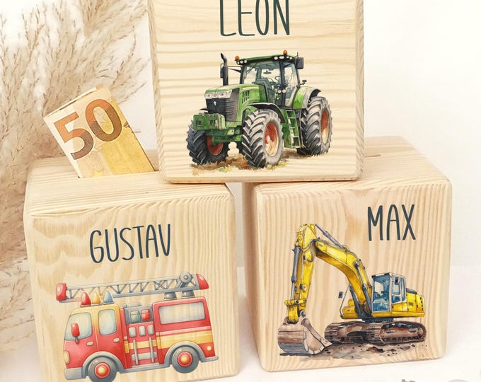 Children's wooden money box, personalized, wooden money box, personalized children's money box, metal lock with key, fire engine, tractor, excavator