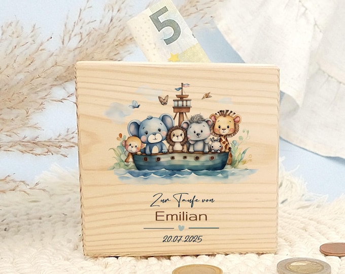 Money box, wood, personalized, baptism gift, Noah's Ark, baptism gift with baptism saying, baptism gift, godchild baptism, children