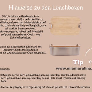 Pu&ograve; includere: Un portapranzo in acciaio inossidabile con coperchio in bamb&ugrave;. Il coperchio &egrave; rettangolare con chiusure in metallo. Il testo sull'immagine dice "Hinweise zu den Lunchboxen" e "www.miamaralina.com".