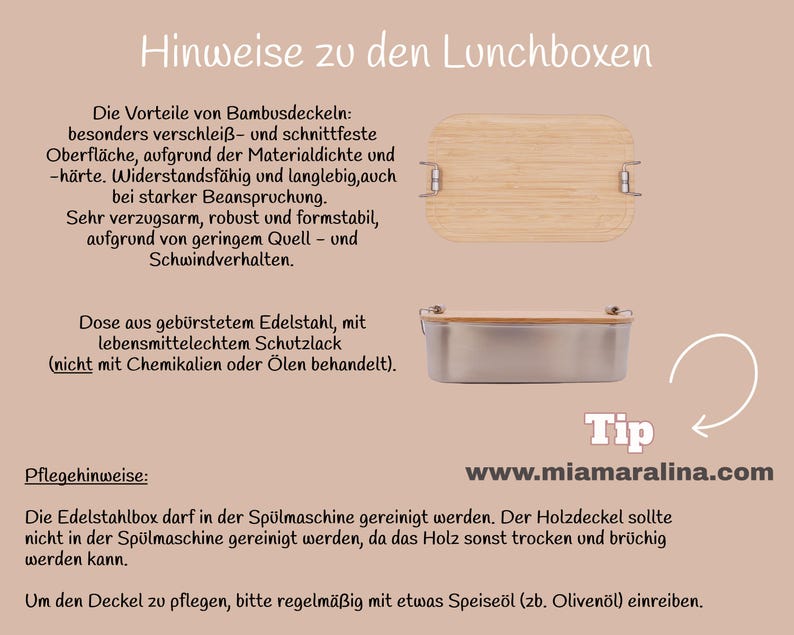 Pu&ograve; includere: Un portapranzo in acciaio inossidabile con coperchio in bamb&ugrave;. Il coperchio &egrave; rettangolare con chiusure in metallo. Il testo sull'immagine dice "Hinweise zu den Lunchboxen" e "www.miamaralina.com".