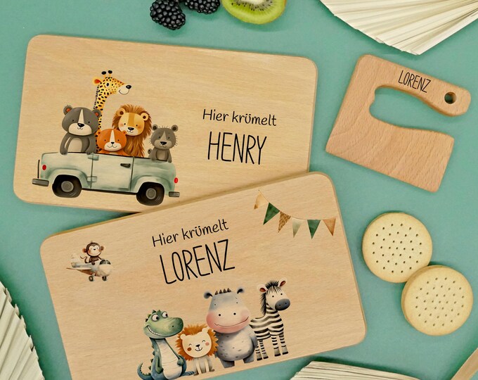 Breakfast board, children, personalized, breakfast board with name, animals, wooden board, Montessori knife, birthday gift