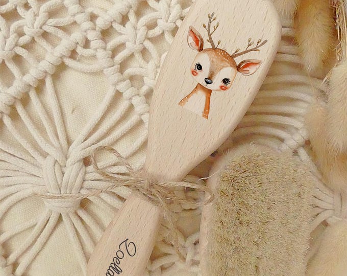 Personalized Baby Hairbrush, Brush for Babies, Goat Hair, Wooden Brush, Gift for Birth, FSC-Certified Wood, Deer