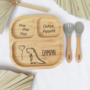 Personalisierter Kinderteller, Babyteller mit Saugnapf, Bambusteller mit Namen, Teller mit Gravur, Kinderbesteck set, Babybesteck Silikon