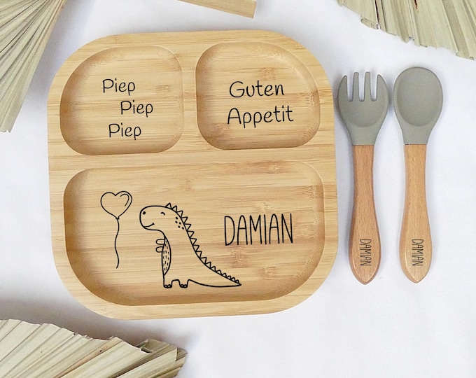 Personalized children's plate, baby plate with suction cup, bamboo plate with name, plate with engraving, children's cutlery set, baby cutlery silicone